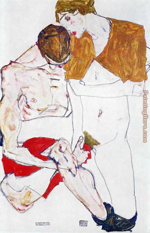 Courting couple painting - Egon Schiele Courting couple art painting